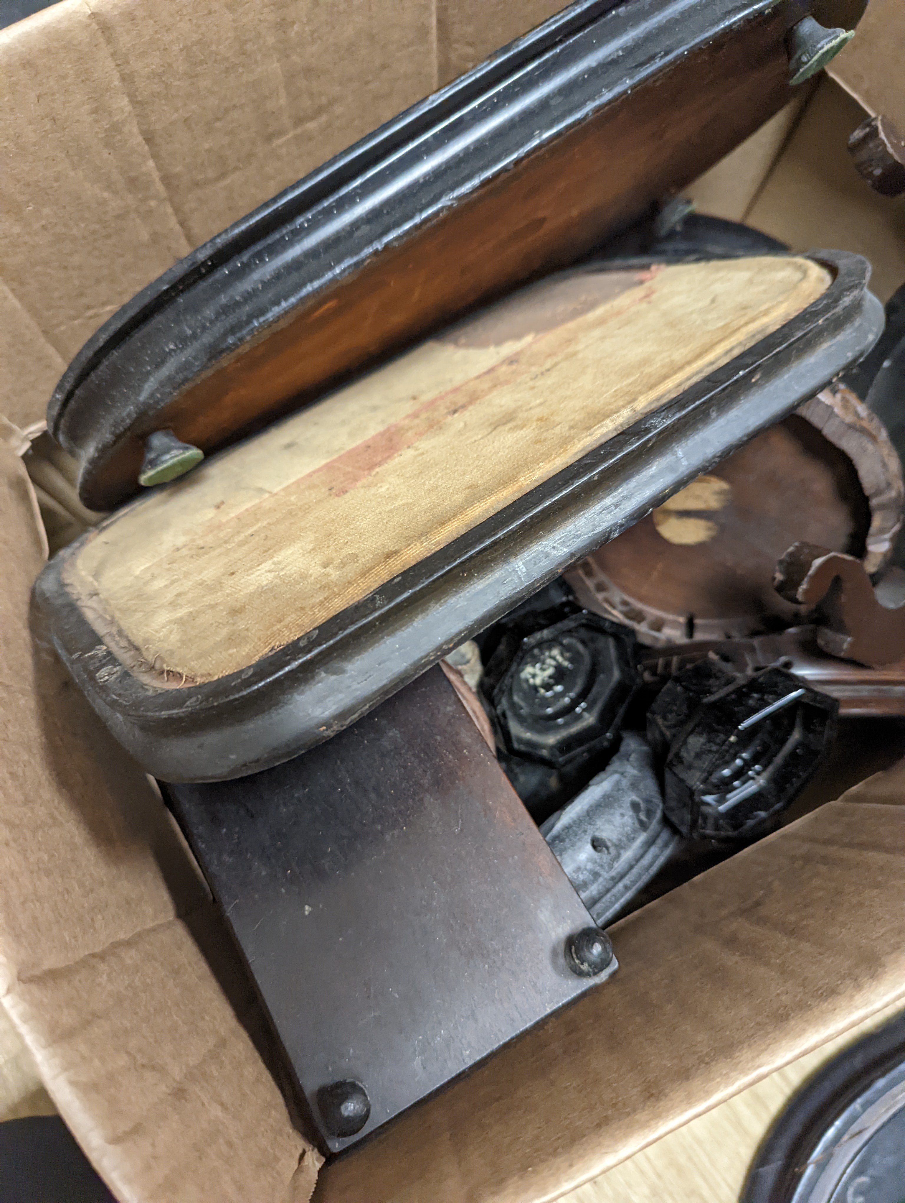 Three boxes of hardwood, glass and ceramic stands.